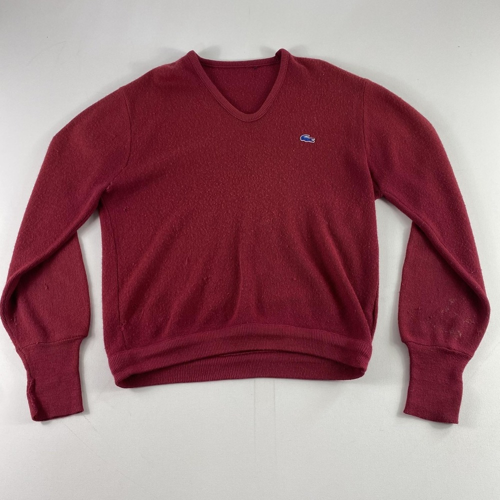 Vintage Lacoste Sweater Mens Large Red‎ Grandpa Blue Croc Logo Orlon Acrylic 70s